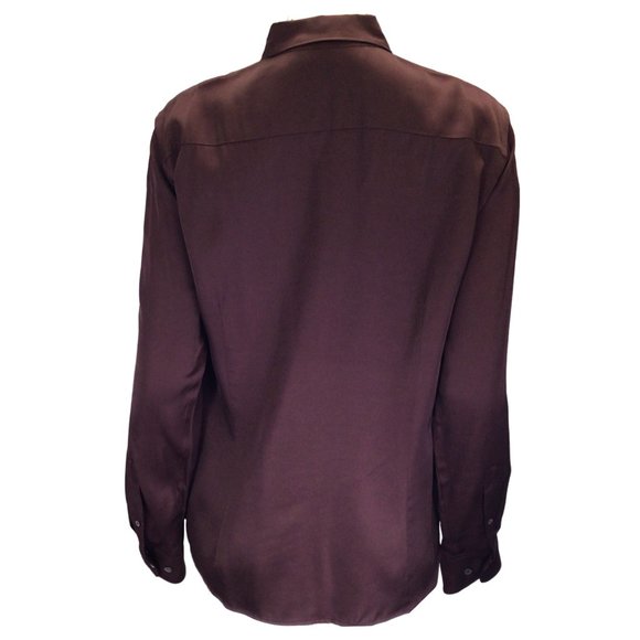 DRIES VAN NOTEN BURGUNDY LONG SLEEVED BUTTON-DOWN SATIN BLOUSE - Picture 3 of 4